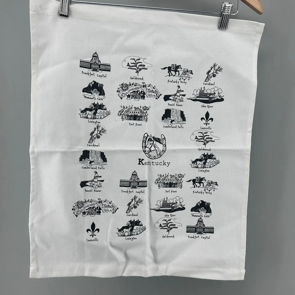 The Dish Kentucky State Souvenir Cotton Damask Tea Towel White Black Icons